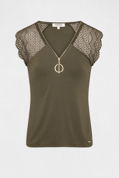 T-shirt manches courtes à dentelle vert kaki femme