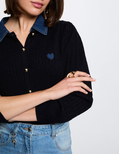 Pull col revers boutons bleu marine femme