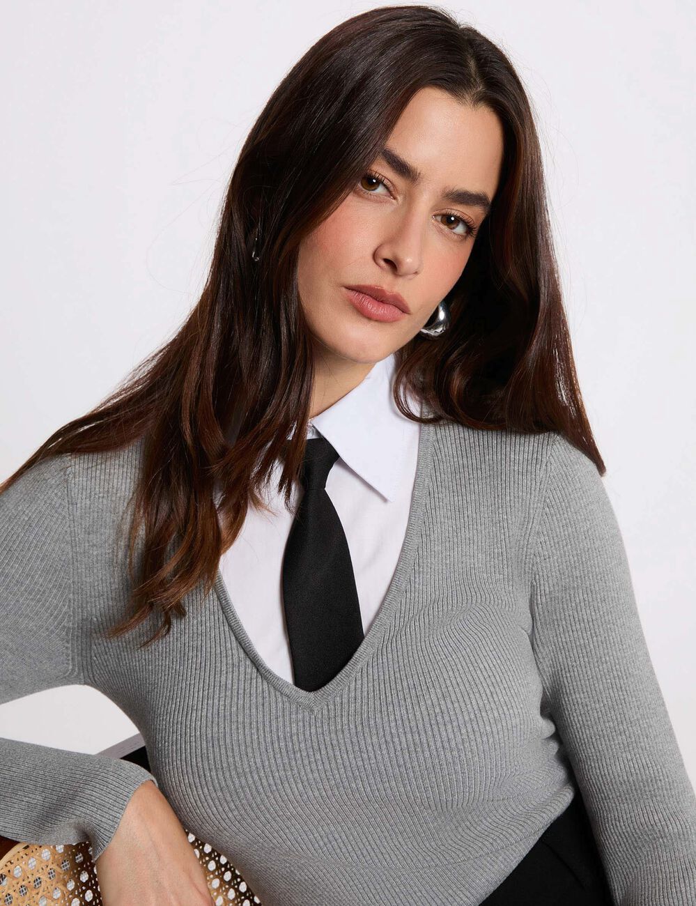 Pull 2-en-1 col &agrave; revers gris clair femme