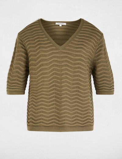 Pull col v manches 3/4 vert kaki femme