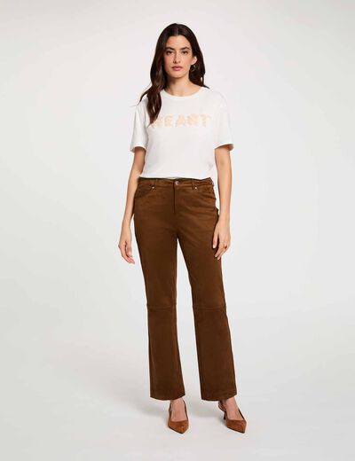 Pantalon droit su&eacute;dine marron chocolat femme
