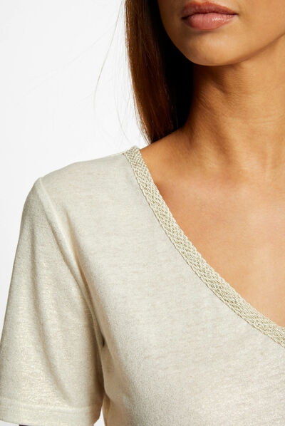 T-shirt manches courtes col en V ecru femme