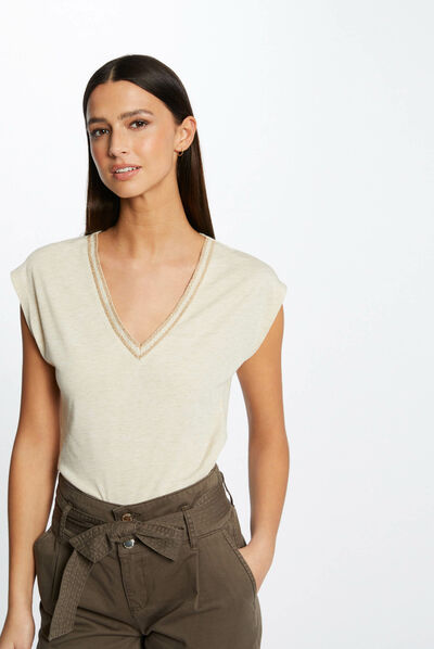T-shirt manches courtes à col en V sable femme