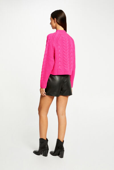 Pull manches longues col montant rose moyen femme