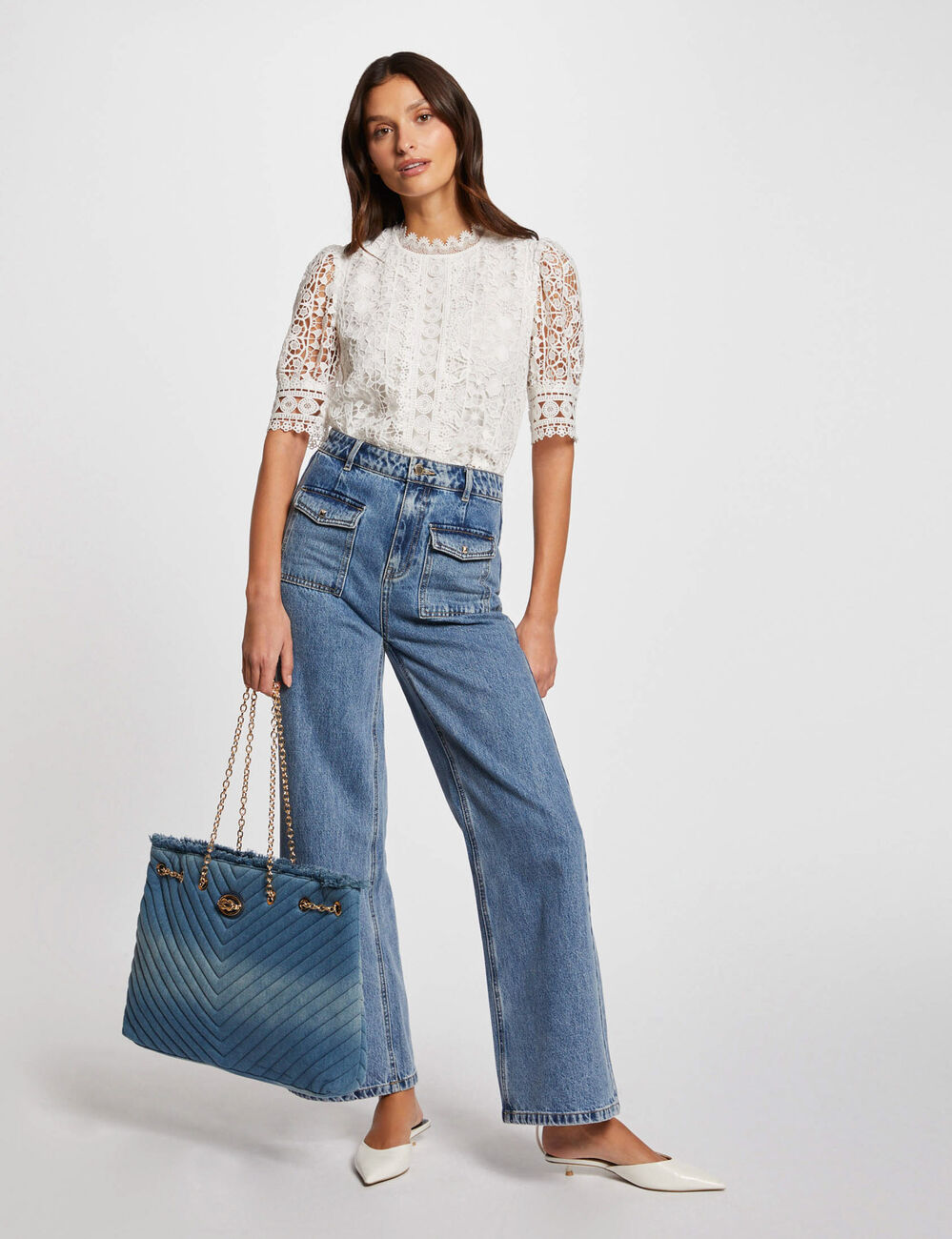 Blouse manches courtes en dentelle ivoire femme