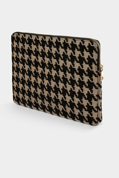 Pochette ordinateur imprimé pied de coq marron femme