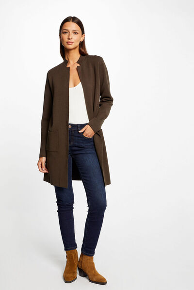 Gilet long droit col ouvert vert fonce femme