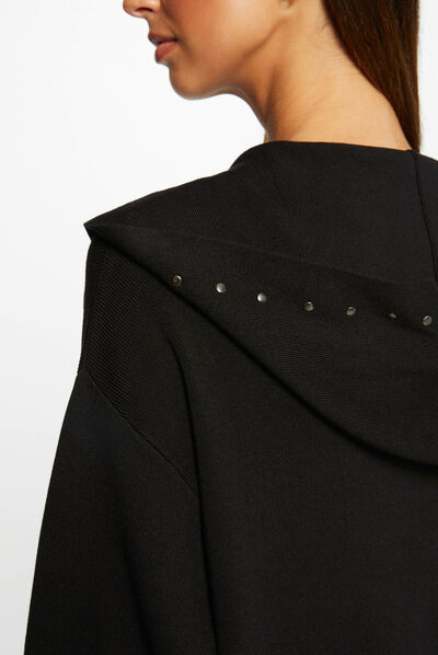 Gilet long à capuche avec clous noir femme