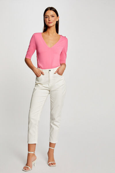 Pull manches 3/4 avec boutons rose femme