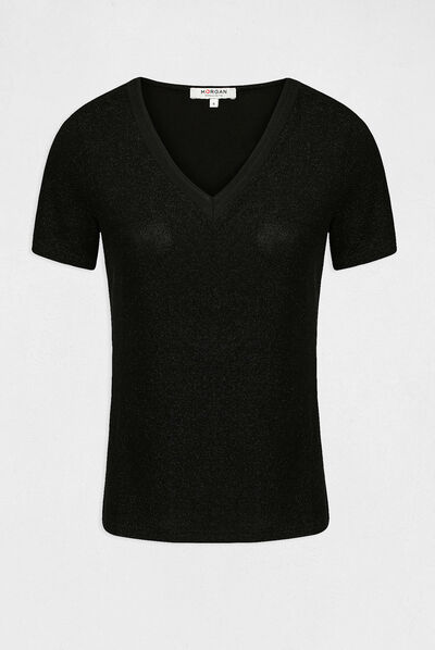 T-shirt manches courtes avec col en V noir femme