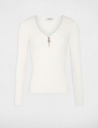 Pull manches longues côtelé détail zippé ivoire femme