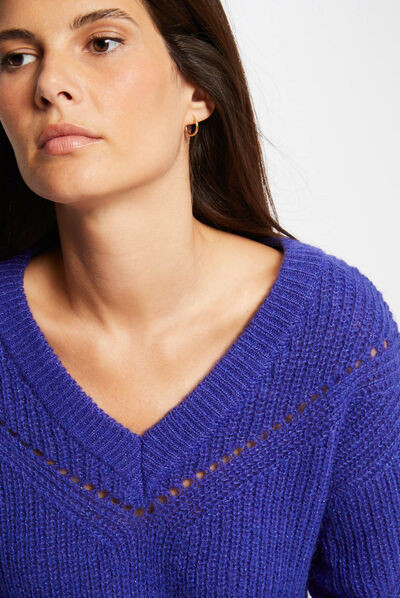 Pull manches longues avec col en V violet femme