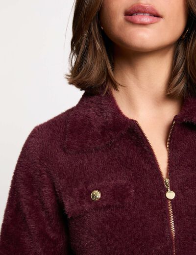 Gilet manches longues col &agrave; revers prune femme