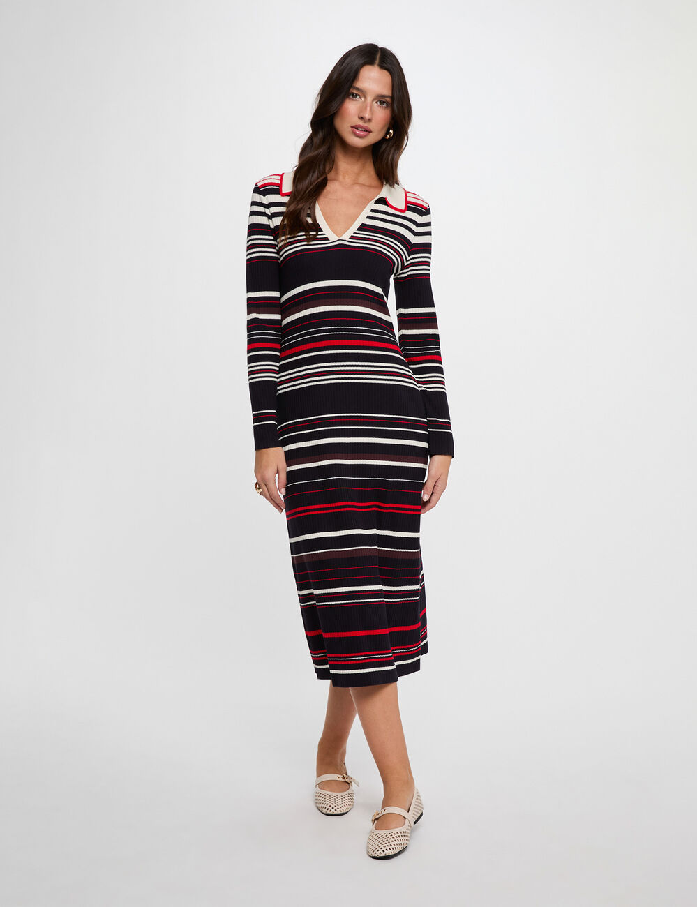 Robe tricot ray&eacute;e manches longues bleu marine femme