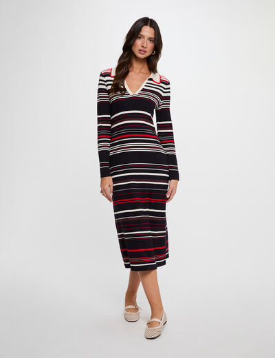 Robe tricot ray&eacute;e manches longues bleu marine femme