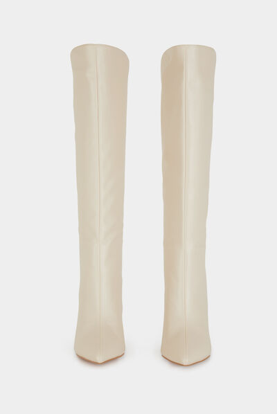 Bottes hautes à talons aiguilles en cuir ivoire femme