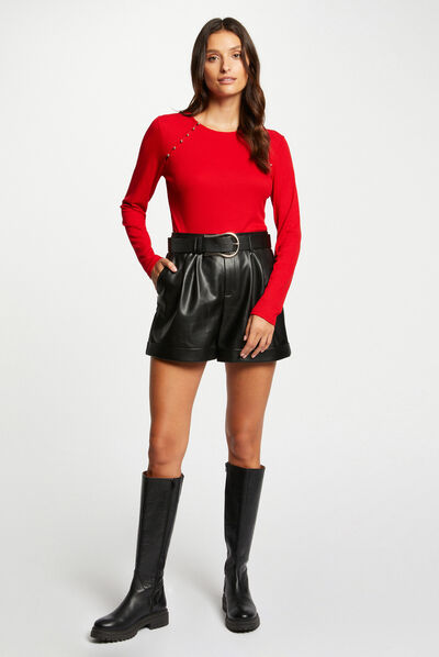 T-shirt manches longues côtelé rouge femme