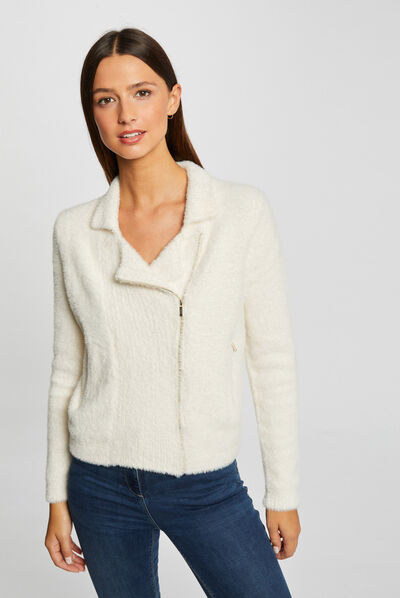 Gilet zippé maille duveteuse ivoire femme