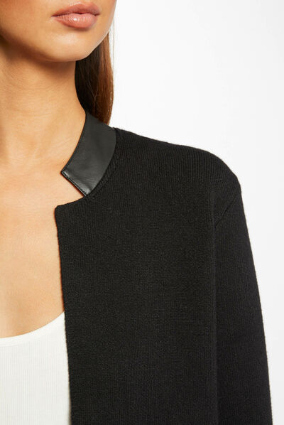 Gilet long droit détails simili cuir noir femme