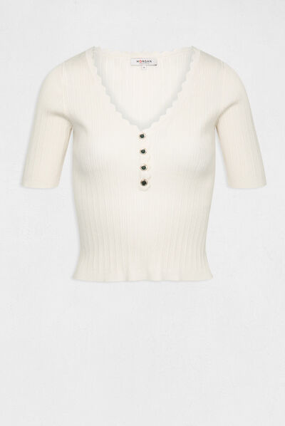 Pull manches courtes avec boutons ivoire femme
