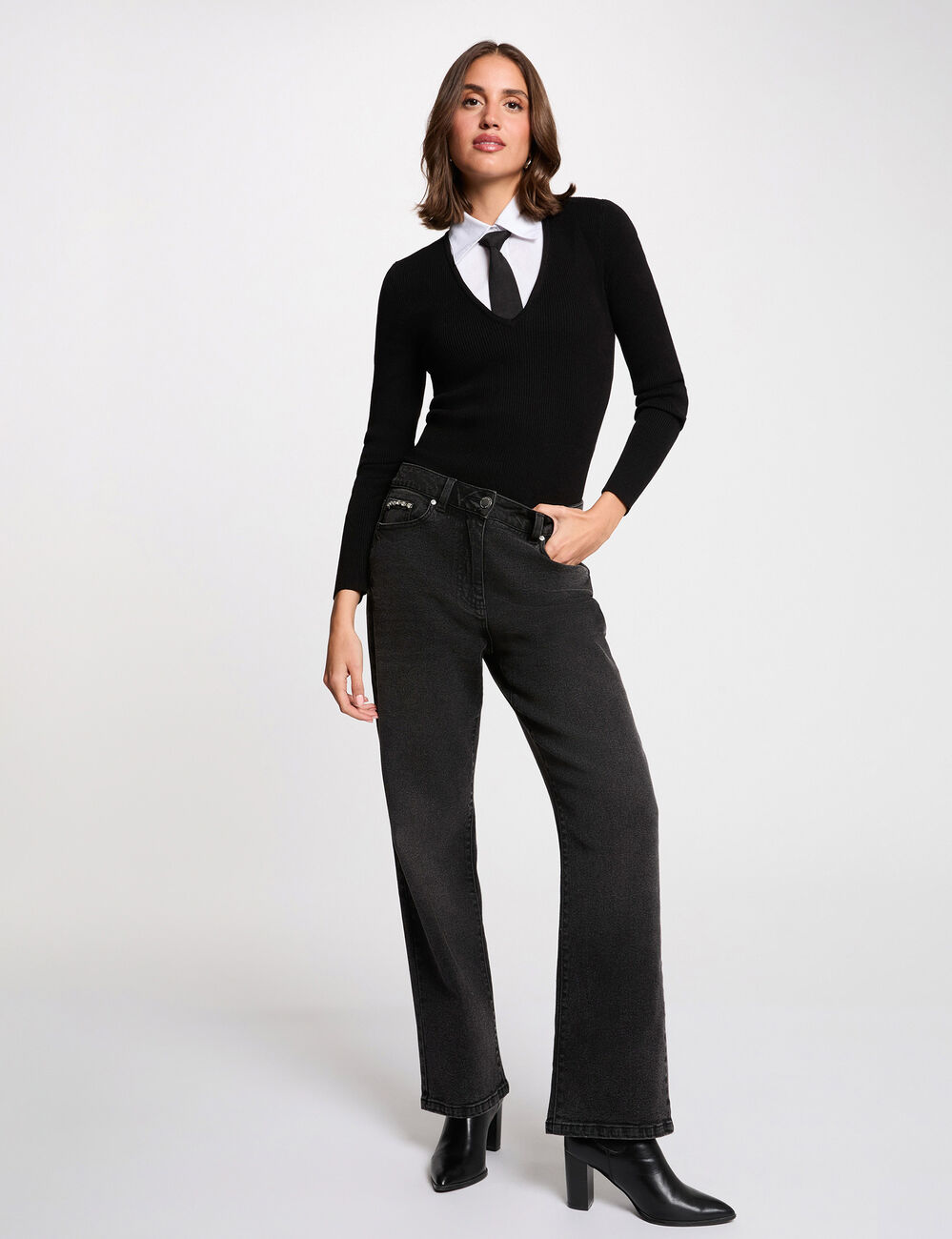 Pull 2-en-1 col &agrave; revers noir femme
