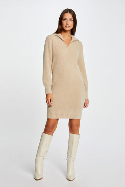 Robe pull droite avec col camionneur beige femme
