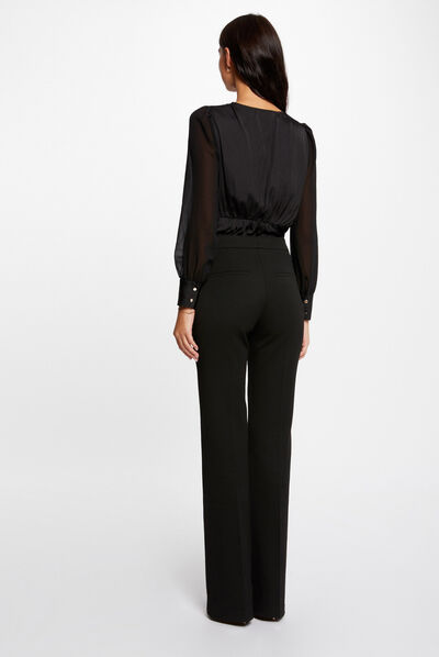 T-shirt manches longues satin à dentelle noir femme
