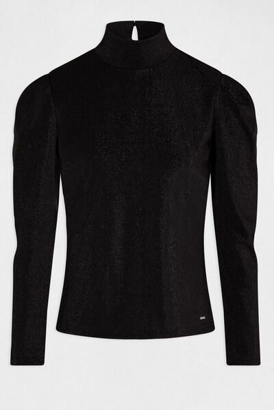 T-shirt manches longues à paillettes noir femme