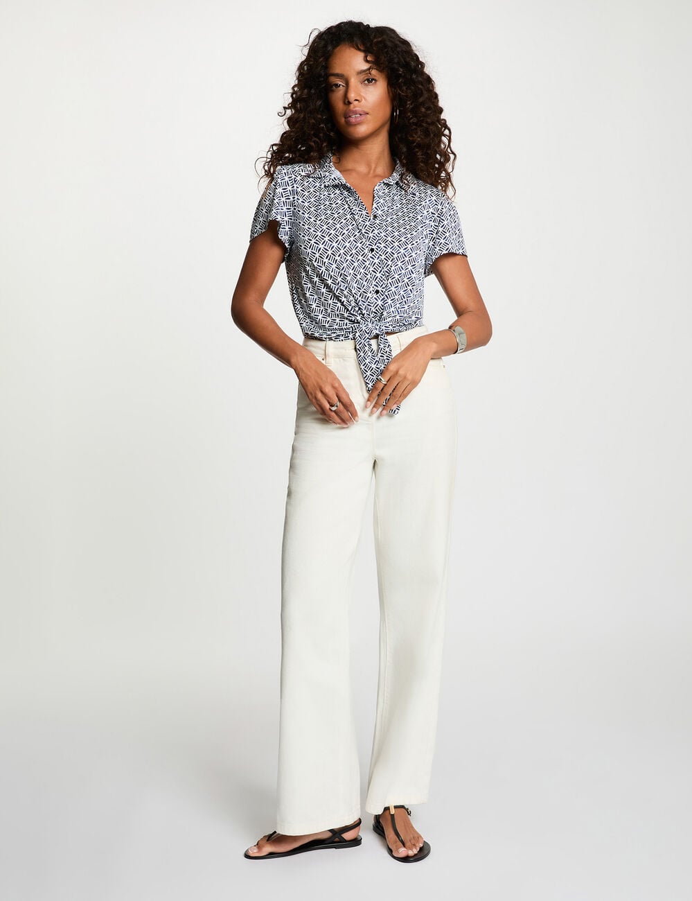Chemise nou&eacute;e col &agrave; revers blanc femme