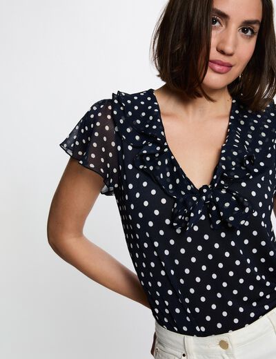 T-shirt voile col v bleu marine femme