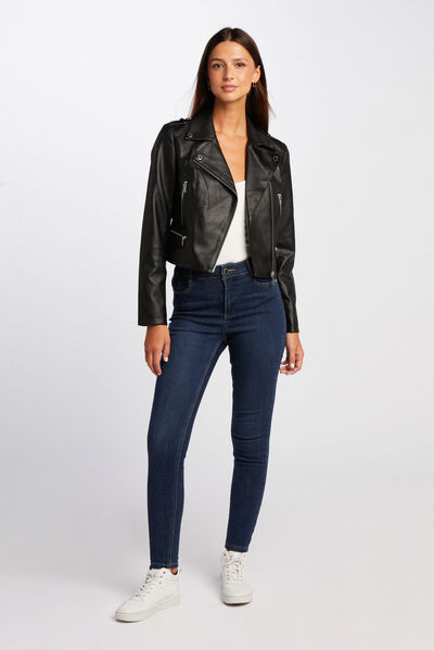 Blouson droit avec col cranté à revers noir femme