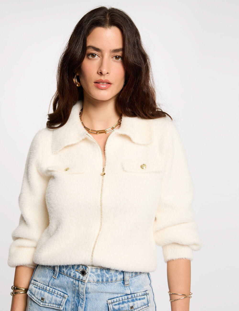 Gilet manches longues col à revers ivoire femme
