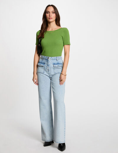 Jeans large taille haute denim bleach femme
