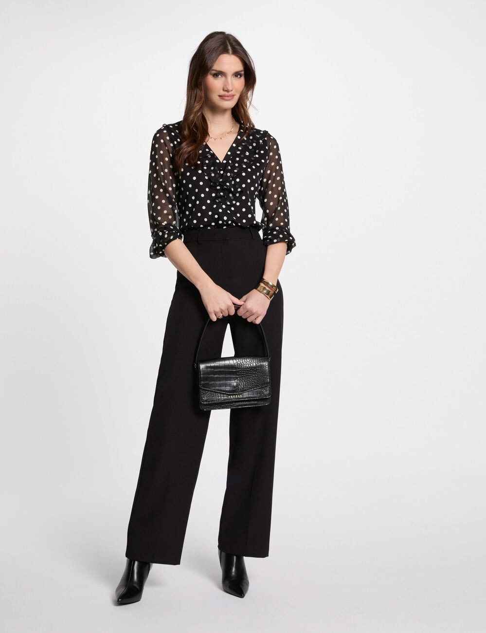 T-shirt manches 3/4 &agrave; pois blanc femme