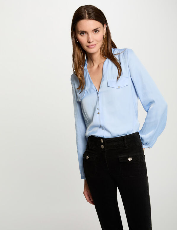 chemise manches longues satin bleu ciel femme Chemise manches longues satin bleu ciel femme