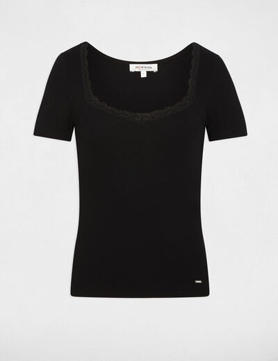 T-shirt cintr&eacute; col coeur noir femme