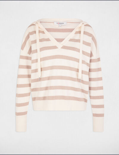 Pull col en V à capuche ivoire femme