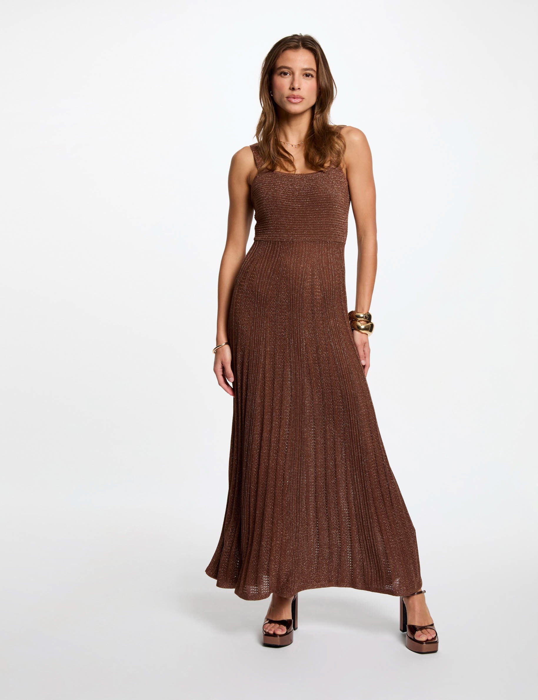 Robe tricot longue droite cognac femme