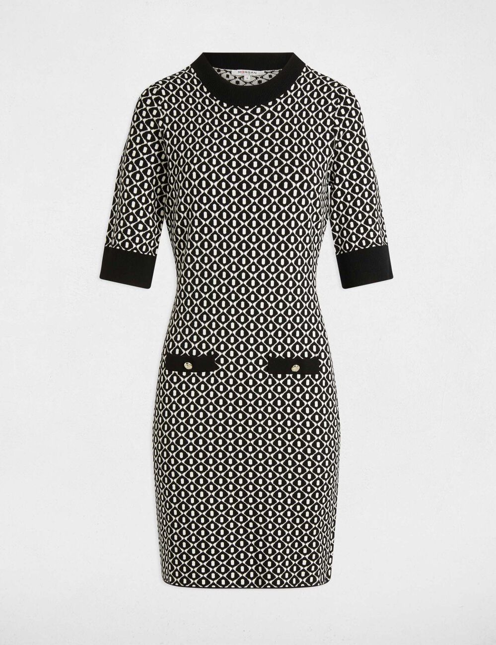 Robe tricot ajust&eacute;e imprim&eacute;e noir femme