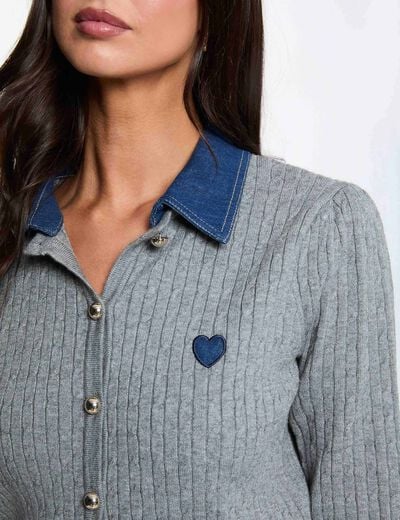 Pull col revers boutons gris clair femme