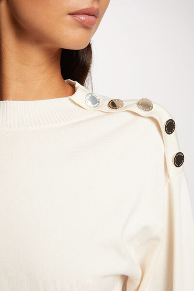 Pull manches longues col rond ivoire femme
