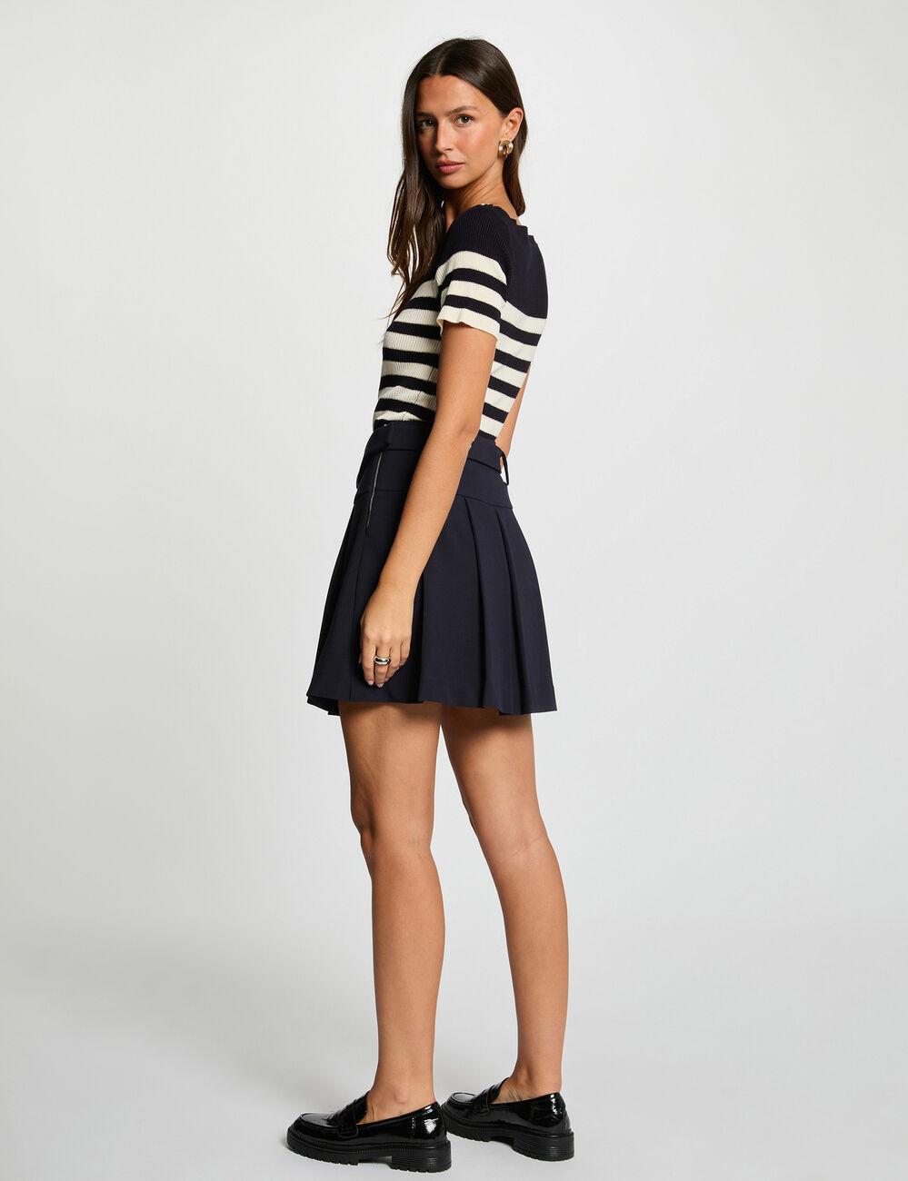 Pull col rond &agrave; rayures bleu marine femme