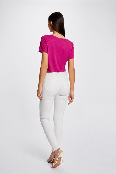 T-shirt manches courtes col en V framboise femme