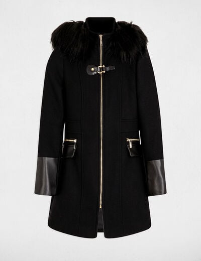 Manteau bouclette col montant noir femme