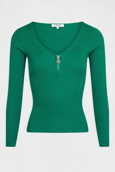 Pull manches longues côtelé détail zippé vert femme