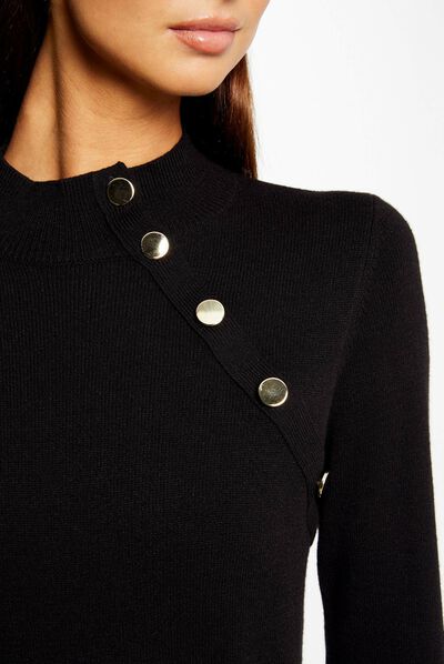 Pull manches longues boutons décoratifs noir femme