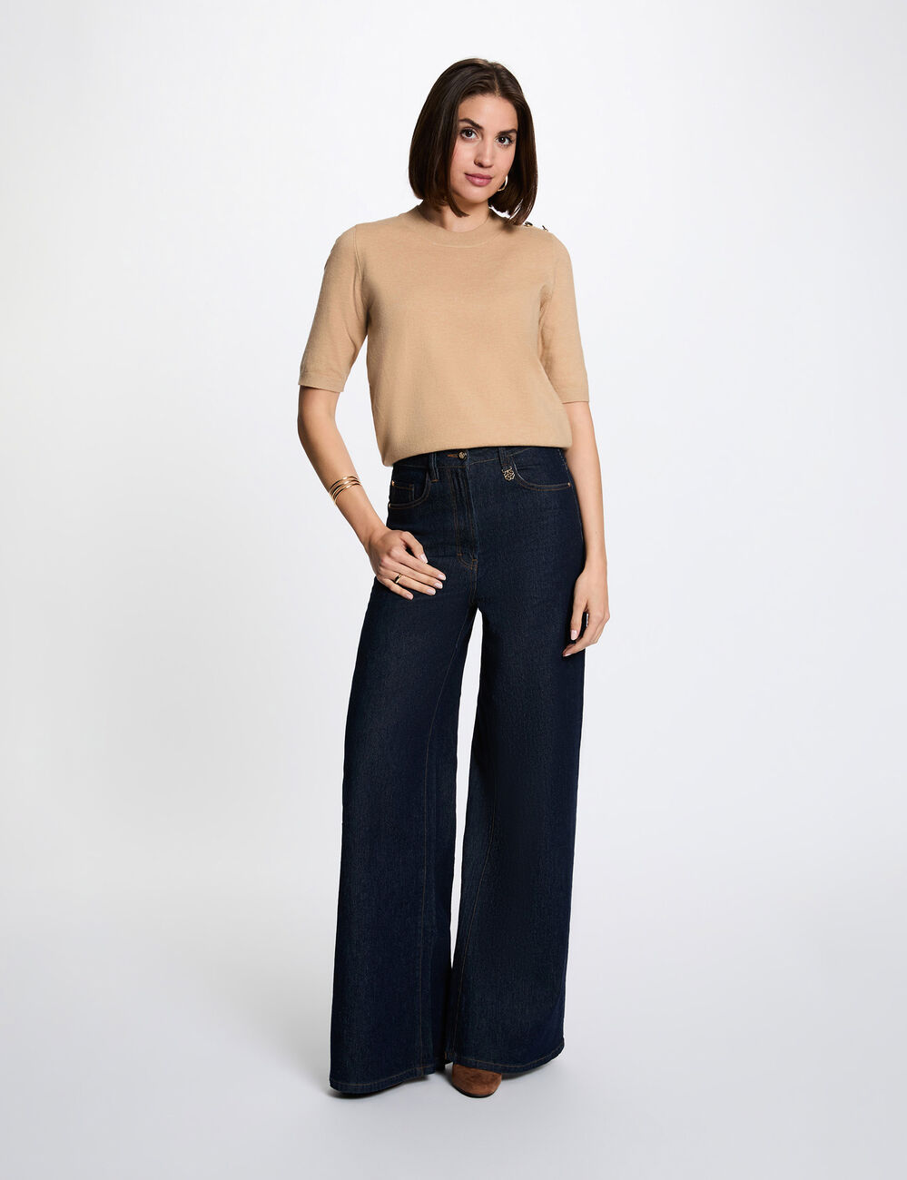 Pull col rond manches courtes beige femme