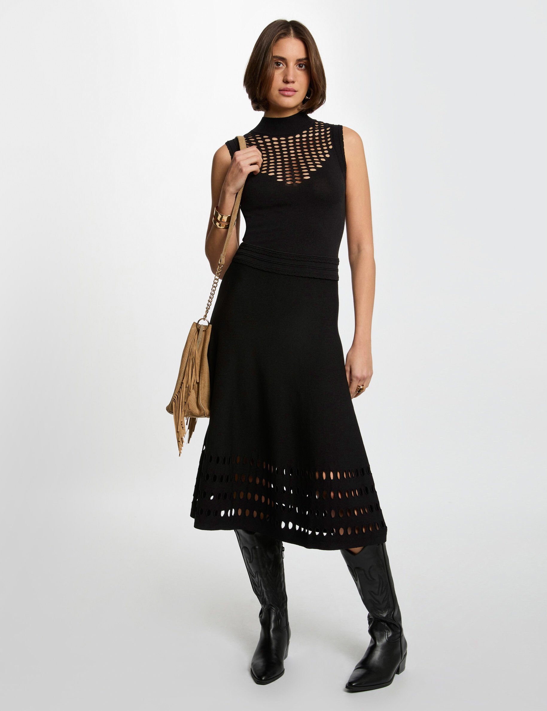 Robe tricot longue ajustée noir femme
