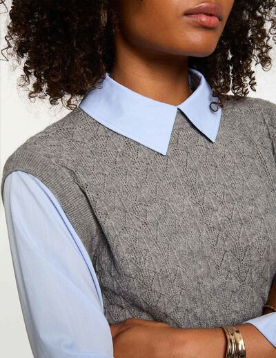 Pull col revers chemise gris clair femme