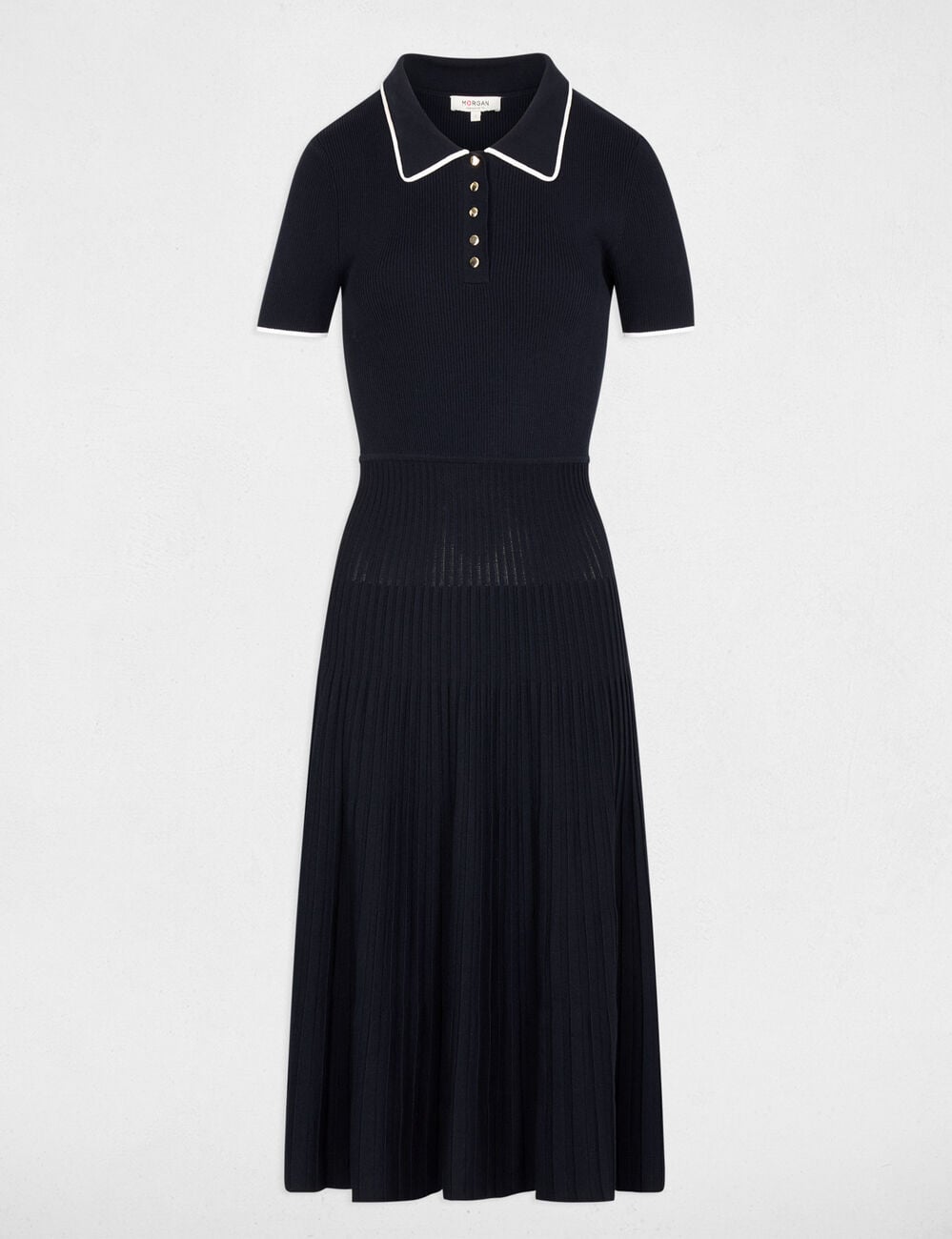 Robe tricot col &agrave; revers bleu marine femme